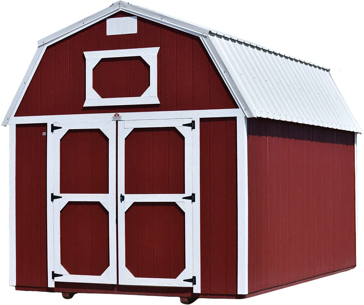 Red Derksen lofted barn shed with white trim